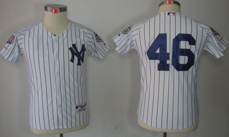 Kids New York Yankees 46 Andy Pettitte White(Black Strip) MLB Jerseys 2009 World Series Patch Cheap