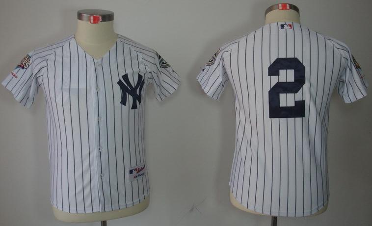 Kids New York Yankees 2 Derek Jeter White(Black Strip) MLB Jerseys 2009 World Series Patch Cheap