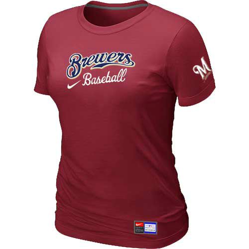 Cheap Women Milwaukee Brewers Nike Red Short Sleeve Practice MLB Baseball T-Shirt