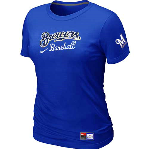 Cheap Women Milwaukee Brewers Nike Blue Short Sleeve Practice MLB Baseball T-Shirt