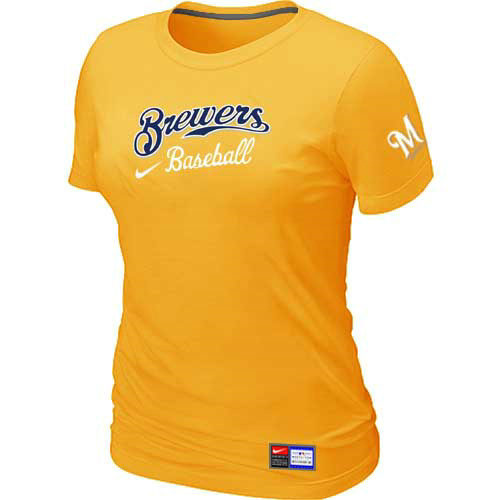 Cheap Women Milwaukee Brewers Nike Yellow Short Sleeve Practice MLB Baseball T-Shirt
