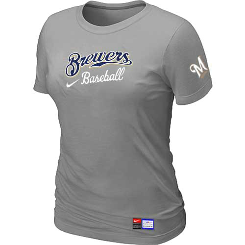 Cheap Women Milwaukee Brewers Nike L.Grey Short Sleeve Practice MLB Baseball T-Shirt