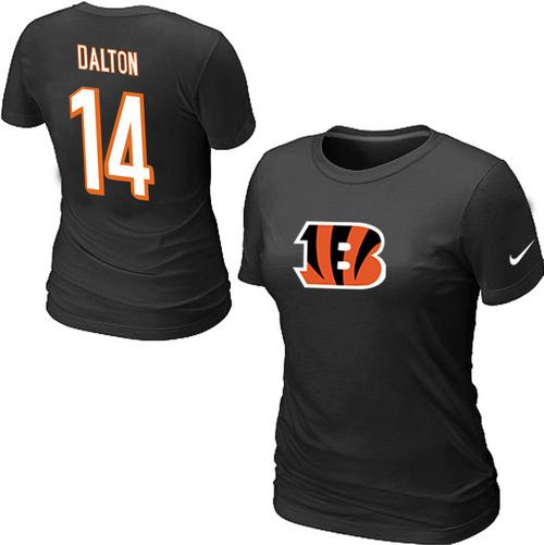 Cheap Women Nike Cincinnati Bengals 14 Andy Dalton Name & Number Black NFL Football T-Shirt