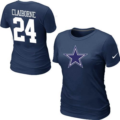 Cheap Women Nike Dallas Cowboys 24 CLAIBORNE Name & Number Blue NFL Football T-Shirt