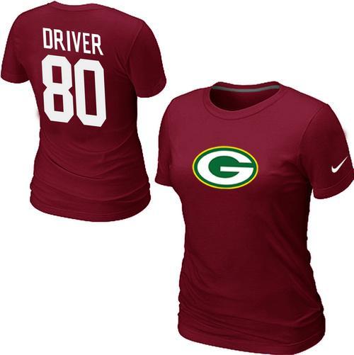 Cheap Women Nike Green Bay Packers 80 Donald Driver Name & Number Red NFL Football T-Shirt