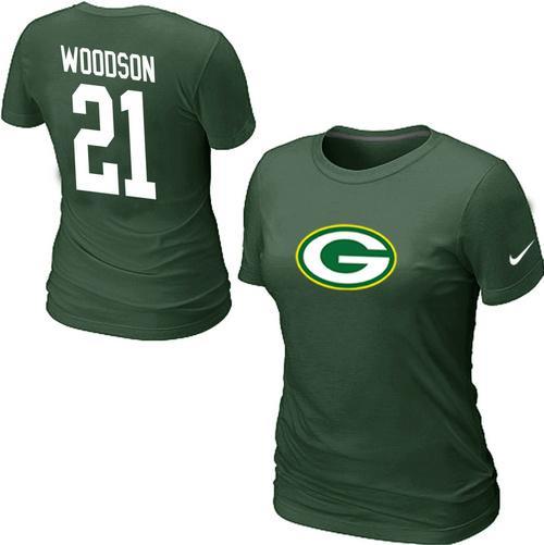 Cheap Women Nike Green Bay Packers 21 WOODSON Name & Number Green NFL Football T-Shirt