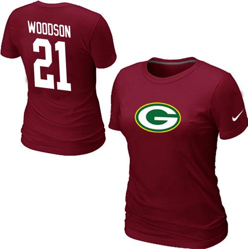 Cheap Women Nike Green Bay Packers 21 WOODSON Name & Number Red NFL Football T-Shirt