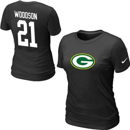 Cheap Women Nike Green Bay Packers 21 WOODSON Name & Number Black NFL Football T-Shirt