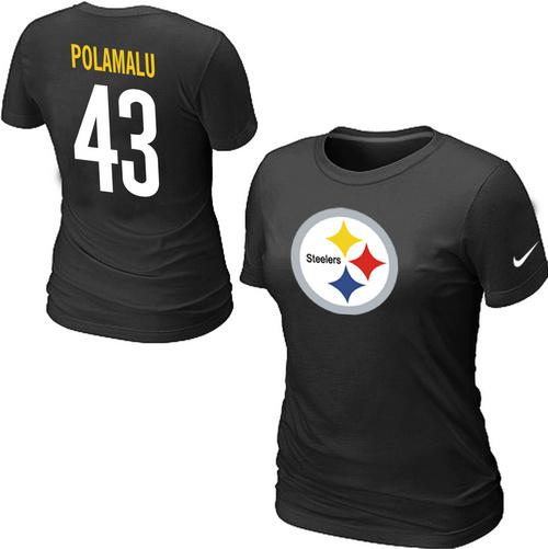 Cheap Women Nike Pittsburgh Steelers Troy Polamalu Name & Number Black NFL Football T-Shirt