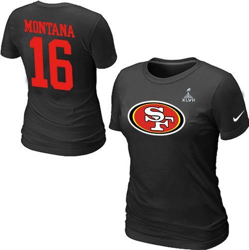 Cheap Women Nike San Francisco 49ers 16 Montana Name & Number Super Bowl XLVII Black NFL Football T-Shirt