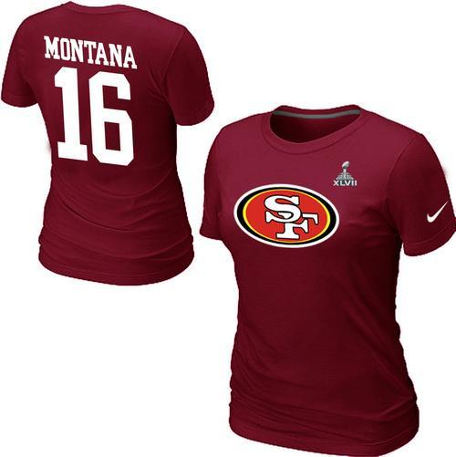 Cheap Women Nike San Francisco 49ers 16 Montana Name & Number Super Bowl XLVII Red NFL Football T-Shirt