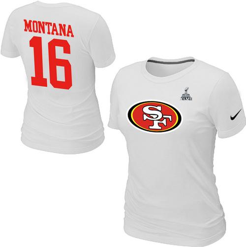 Cheap Women Nike San Francisco 49ers 16 Montana Name & Number Super Bowl XLVII White NFL Football T-Shirt