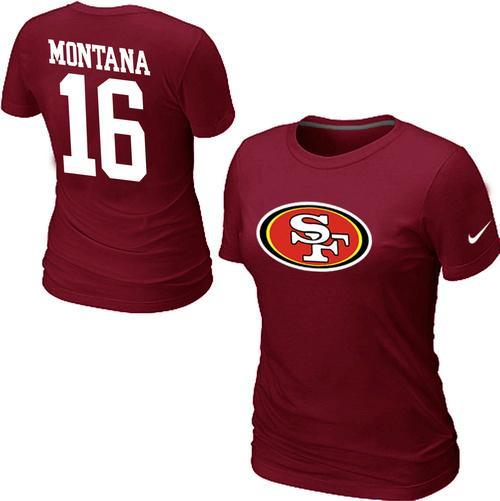 Cheap Women Nike San Francisco 49ers 16 Montana Name & Number Red NFL Football T-Shirt