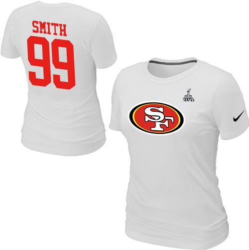 Cheap Women Nike San Francisco 49ers 99 SMITH Name & Number Super Bowl XLVII White NFL Football T-Shirt