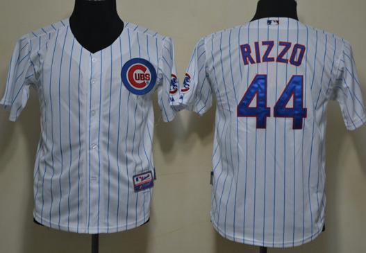 Kids Chicago Cubs 44 Anthony Rizzo White Blue Strip Baseball MLB Jerseys Cheap