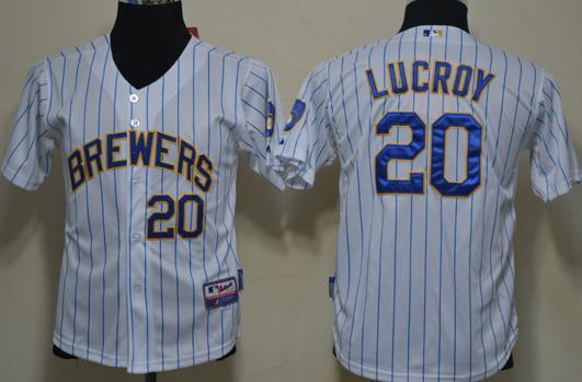 Kids Milwaukee Brewers 20 Lucroy White Blue Strip Baseball MLB Jerseys Cheap