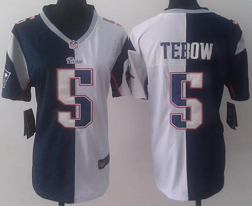 Cheap Women Nike New England Patriots 5 Tim Tebow Blue White Split NFL Jerseys