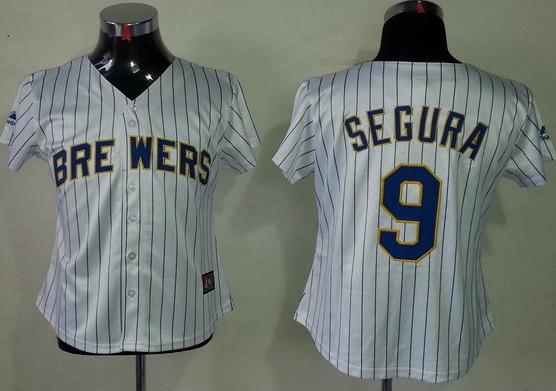 Women Milwaukee Brewers 9 Jean Segura White Blue Strip MLB Jerseys
