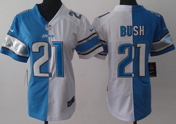 Cheap Women Nike Detroit Lions 21 Reggie Bush White Blue Split NFL Jerseys 2013 New Style