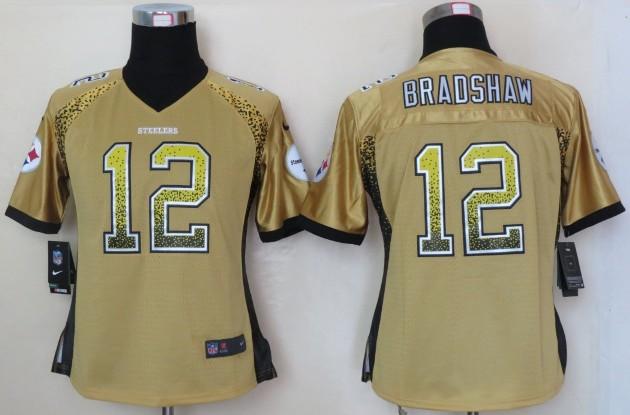 Cheap Women Nike Pittsburgh Steelers 12 Terry Bradshaw Gold Drift Fashion Elite NFL Jerseys
