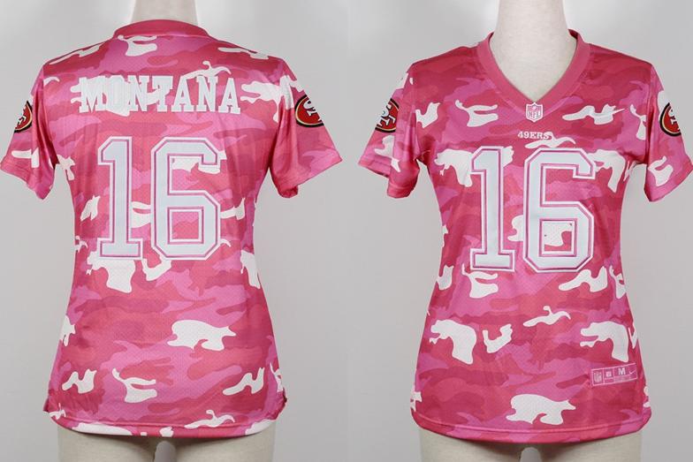 Cheap Women Nike San Francisco 49ers 16 Joe Montana 2013 New Pink Camo Fashion NFL Jerseys