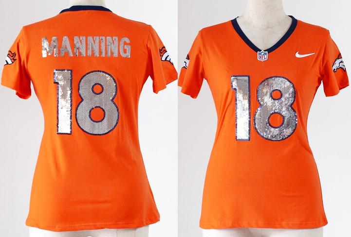 Cheap Women Nike Denver Broncos 18 Peyton Manning Orange Handwork Sequin lettering Fashion NFL Jerseys