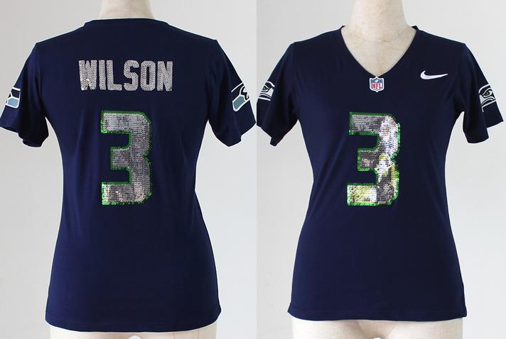 Cheap Women Nike Seattle Seahawks 3 Russell Wilson Blue Handwork Sequin lettering Fashion NFL Jerseys
