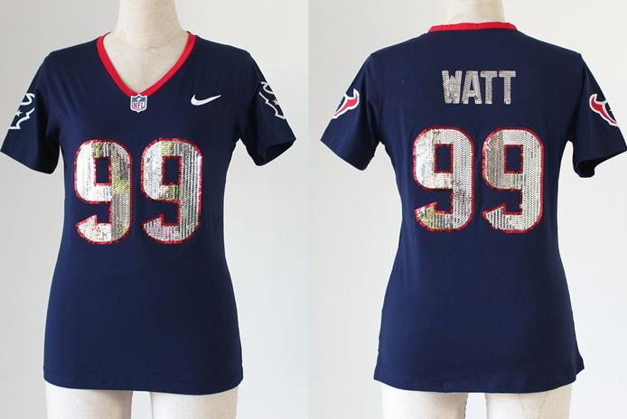 Cheap Women Nike Houston Texans 99 J.J. Watt Blue Handwork Sequin lettering Fashion NFL Jerseys