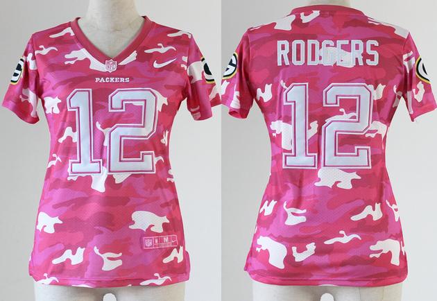 Cheap Women Nike Green Bay Packers 12 Aaron Rodgers 2013 New Pink Camo Fashion NFL Jerseys