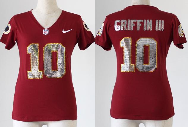 Cheap Women Nike Washington Redskins 10 Robert Griffin III Red Handwork Sequin lettering Fashion NFL Jerseys