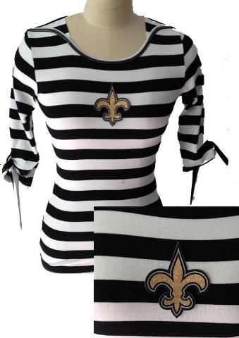 Cheap Ladies New Orleans Saints Striped Boat Neck Three-Quarter Sleeve T-Shirt