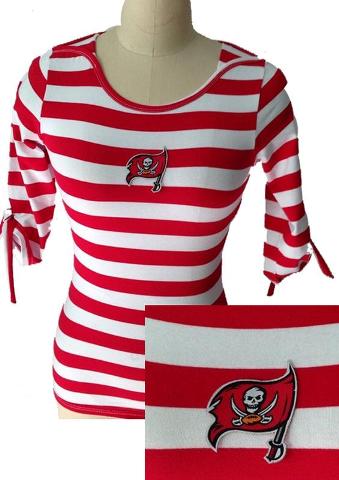 Cheap Ladies Tampa Bay Buccaneers Striped Boat Neck Three-Quarter Sleeve T-Shirt