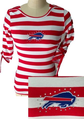 Cheap Ladies Buffalo Bills Striped Boat Neck Three-Quarter Sleeve T-Shirt