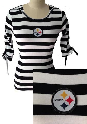 Cheap Ladies Pittsburgh Steelers Striped Boat Neck Three-Quarter Sleeve T-Shirt