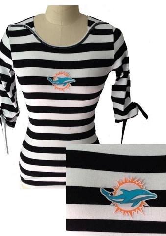 Cheap Ladies Miami Dolphins Striped Boat Neck Three-Quarter Sleeve T-Shirt
