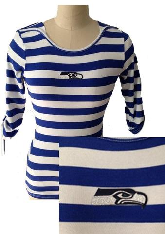 Cheap Ladies Seattle Seahawks Striped Boat Neck Three-Quarter Sleeve T-Shirt