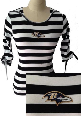 Cheap Ladies Baltimore Ravens Striped Boat Neck Three-Quarter Sleeve T-Shirt