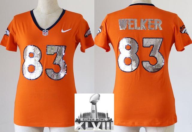 Cheap Women Nike Denver Broncos 83 Wes Welker Orange Handwork Sequin lettering Fashion 2014 Super Bowl XLVIII NFL Jerseys