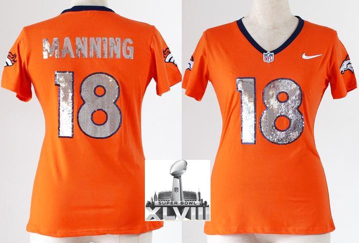 Cheap Women Nike Denver Broncos 18 Peyton Manning Orange Handwork Sequin lettering Fashion 2014 Super Bowl XLVIII NFL Jerseys