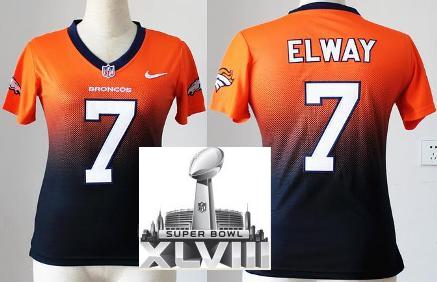 Cheap Women Nike Denver Broncos 7 John Elway Orange Blue Elite Drift Fashion II 2014 Super Bowl XLVIII NFL Jerseys