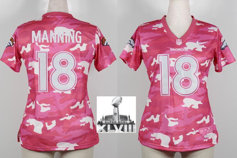 Cheap Women Nike Denver Broncos 18 Peyton Manning New Pink Camo Fashion 2014 Super Bowl XLVIII NFL Jerseys