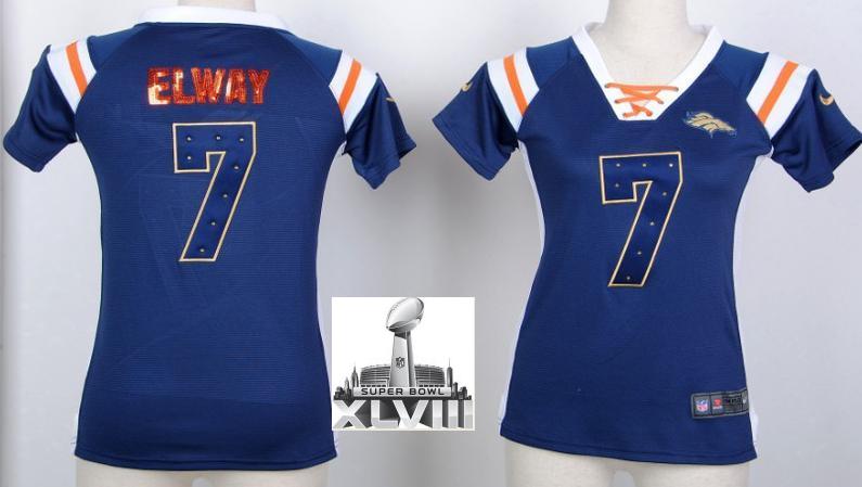 Cheap Women Nike Denver Broncos 7 John Elway Blue Handwork Sequin Name Fashion 2014 Super Bowl XLVIII NFL Jerseys