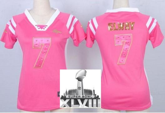 Cheap Women Nike Denver Broncos 7 John Elway Pink Handwork Sequin Name Fashion 2014 Super Bowl XLVIII NFL Jerseys