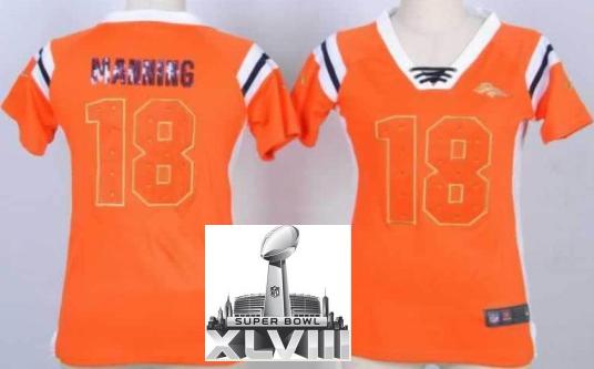 Cheap Women Nike Denver Broncos 18 Peyton Manning Orange Handwork Sequin Name Fashion 2014 Super Bowl XLVIII NFL Jerseys