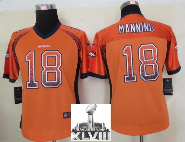 Cheap Women Nike Denver Broncos 18 Peyton Manning Orange Drift Fashion Elite 2014 Super Bowl XLVIII NFL Jerseys New