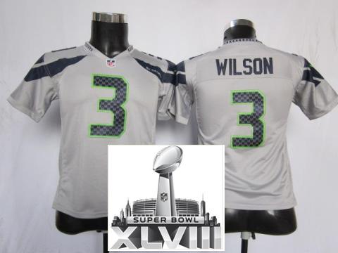 Kids Nike Seattle Seahawks 3 Wilson Grey 2014 Super Bowl XLVIII NFL Jerseys Cheap