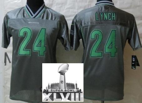 Kids Nike Seattle Seahawks 24 Marshawn Lynch Elite Grey Vapor 2014 Super Bowl XLVIII NFL Jerseys Cheap