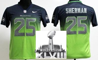 Kids Nike Seattle Seahawks 25 Richard Sherman Green Blue Elite Drift Fashion II 2014 Super Bowl XLVIII NFL Jerseys Cheap