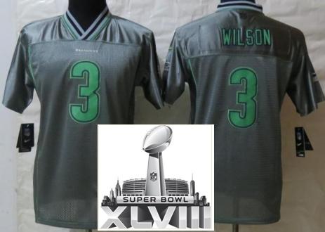 Kids Nike Seattle Seahawks 3 Russell Wilson Elite Grey Vapor 2014 Super Bowl XLVIII NFL Jerseys Cheap