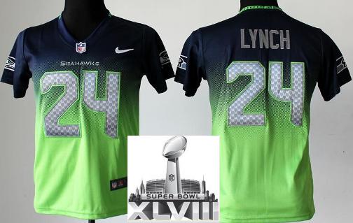 Kids Nike Seattle Seahawks 24 Marshawn Lynch Blue Green Elite Drift Fashion II 2014 Super Bowl XLVIII NFL Jerseys Cheap